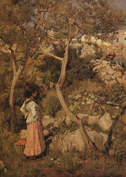 John William Waterhouse Two Little Italian Girls By a Village Spain oil painting art